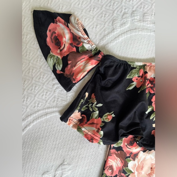 Vintage Off-the-Shoulder Sleeve Dress Black/Rose Floral Women’s Size Small - Picture 6 of 14
